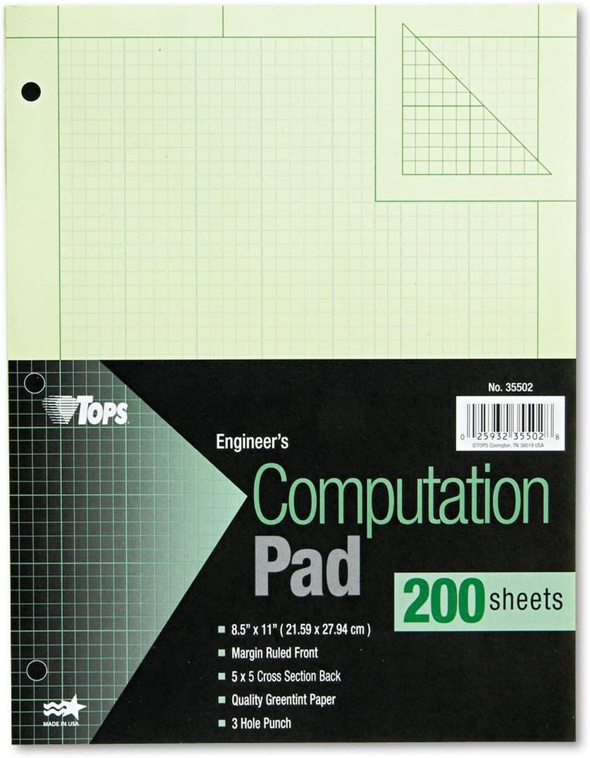 TOPS Engineering Computation Pad, 8-1/2" x 11", Glue Top, 5 x 5 Graph Rule on Back, Green Tint Paper, 3-Hole Punched, 200 Sheets (35502)