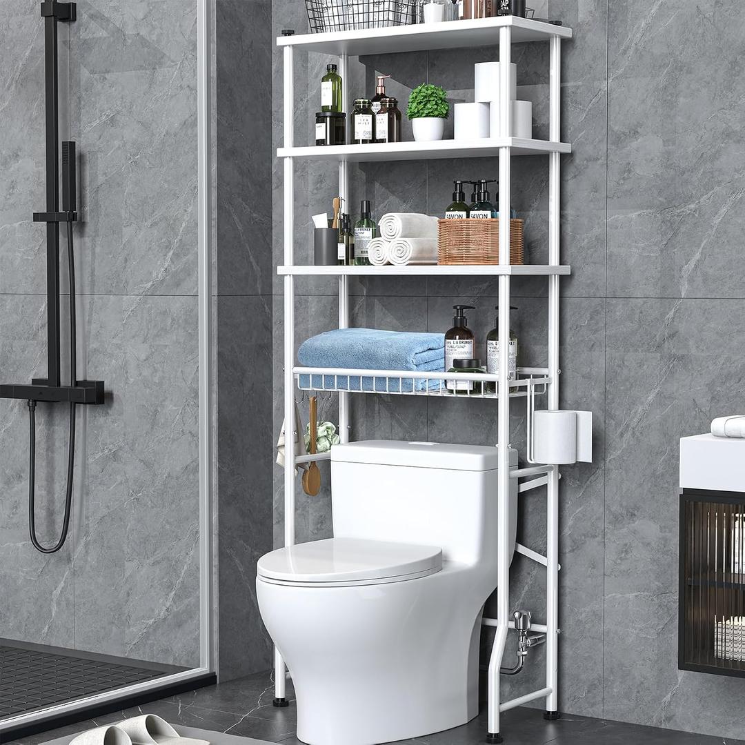 Over the Toilet Storage shelf, 4-Tier Bathroom Organizer Rack, Easy To Install with Adjustable Feet Pad and Basket Freestanding Bathroom Shelves Above Toilet, Space Saver Toilet Storage Cabinet(White)