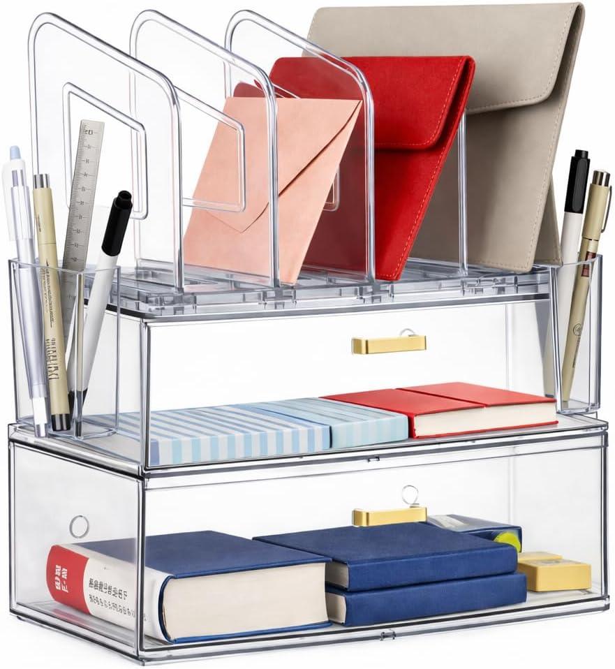 Acrylic Desk Organizer with Drawer, Office Supplies,Organization Storage, 2 PC Drawer Organizer with 4 File Sorter, Desk Organizers and Accessories, Clear Acrylic File Organizer