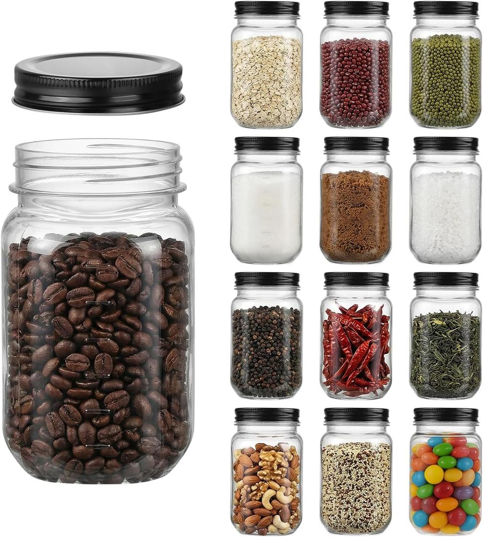 novelinks Plastic Jars with Lids 16oz, Clear 16 oz Mason Jars with Lids, Airtight & Leak-Proof Reusable Storage Jars for Kitchen and Home Use (Black,12 Pack)