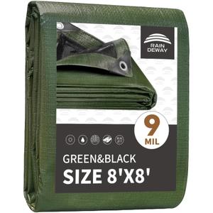 RAINDEWAY 8x8 Feet Tarp Waterproof,Durable,9Mil Thick Finished Size,Multipurpose Poly Tarp Cover with Metal Grommets and Reinforced Edges,Green/Black Tarps