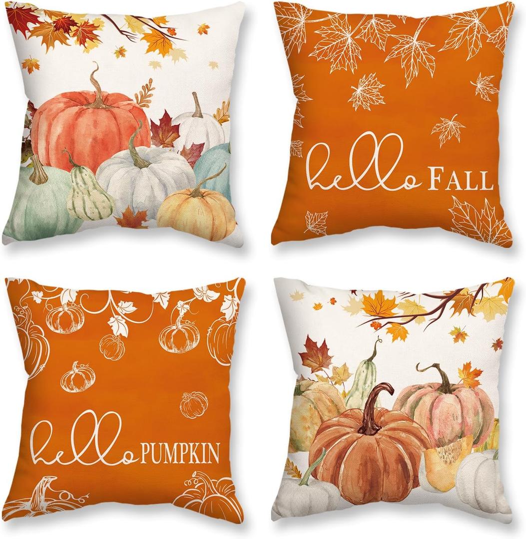 ONWAY Fall Throw Pillow Covers 18x18 Inch Set of 4 Farmhouse Pumpkin Maple Leaves Autumn Decor for Couch Sofa Bed Thanksgiving Seasonal Cushion Cases for Home Outdoor Porch Patio Decorations