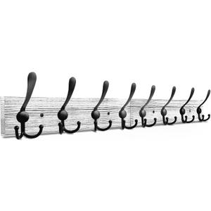 IBosins Wall Mounted Coat Rack, 31.4'' Long, Rustic Wood & Aluminum Coat Rack with 8 Black Tri-Hooks for Coat, Bag, Towel, Key, Hat, Umbrella (Old White)