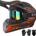 DOT Approved Youth Kids Motocross Helmet - Ultra-Lightweight Full Face Dirt Bike/ATV Helmet with Goggles, Gloves & Face Shield (4-Piece Set) (Medium, Red Orange)