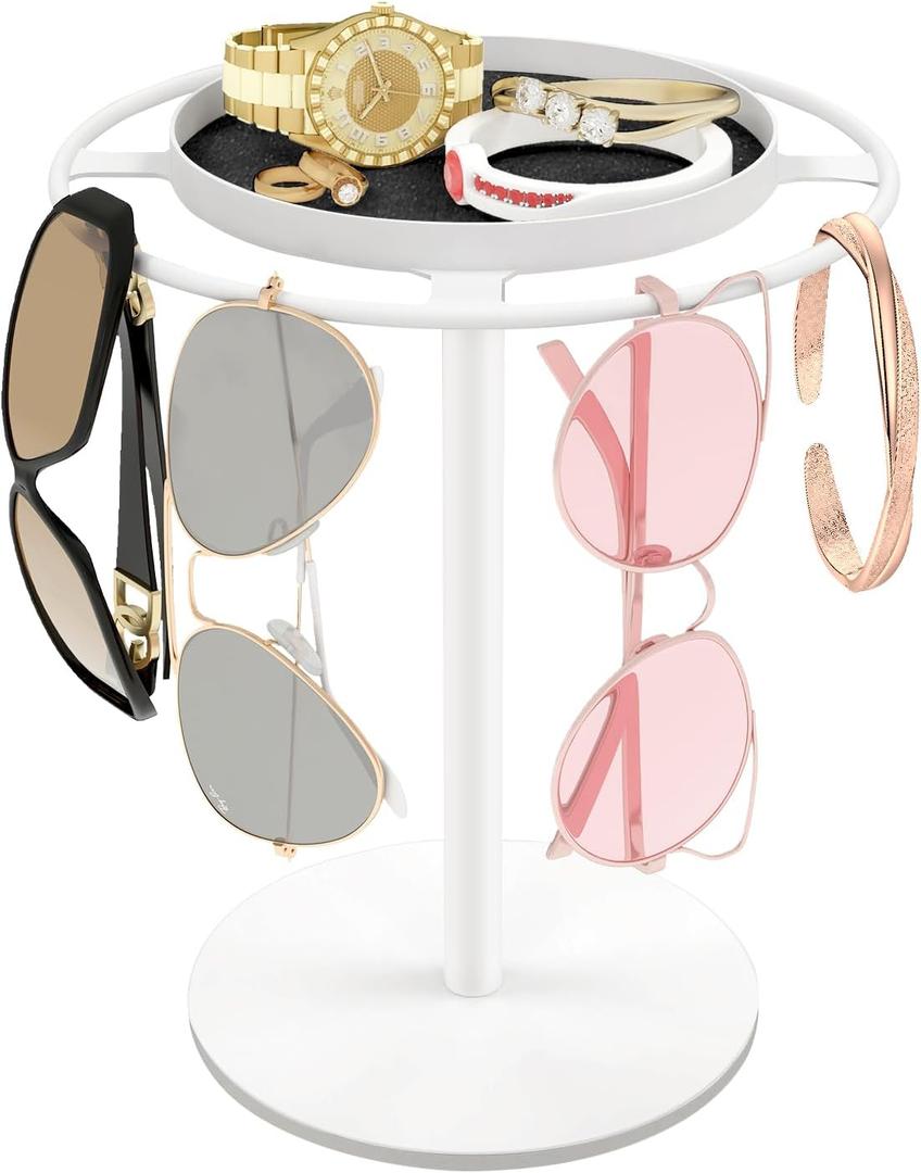 LSK Metal Sunglasses Organizer, Glasses Holder Stand with Storgae Tray, Eyeglasses Holder with Anti-Slip Pads for Tabletop, Desk, Dresser, White