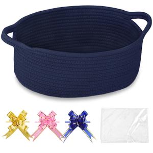 COMSE Small Woven Basket with Gift Bags and Ribbons, Gift Basket Empty, Cotton Rope Storage Organizer, Baby Toy Box with Handles, 12" x 8" x 5", Navy Blue