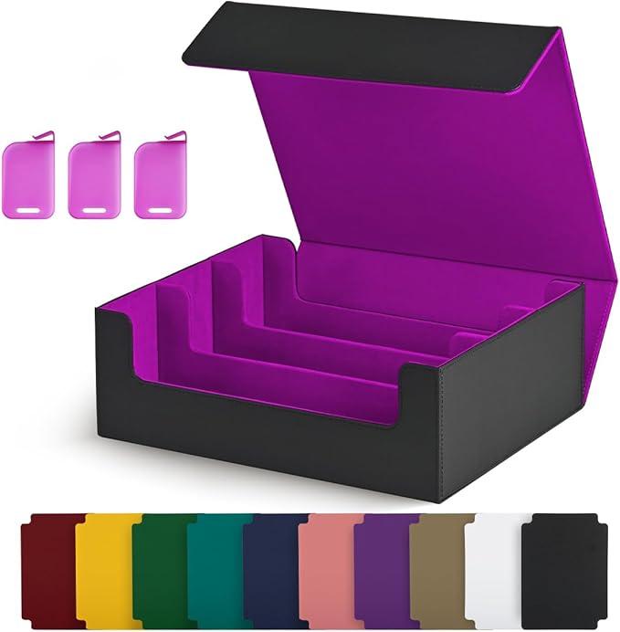 Trading Card Storage Box, Holds 1800 Sleeved Cards with 10 Dividers & 3 Stoppers, Magnetic Closure PU Leather Card Case for MTG, PTCG, YGO, Sports Cards (Black&Purple)