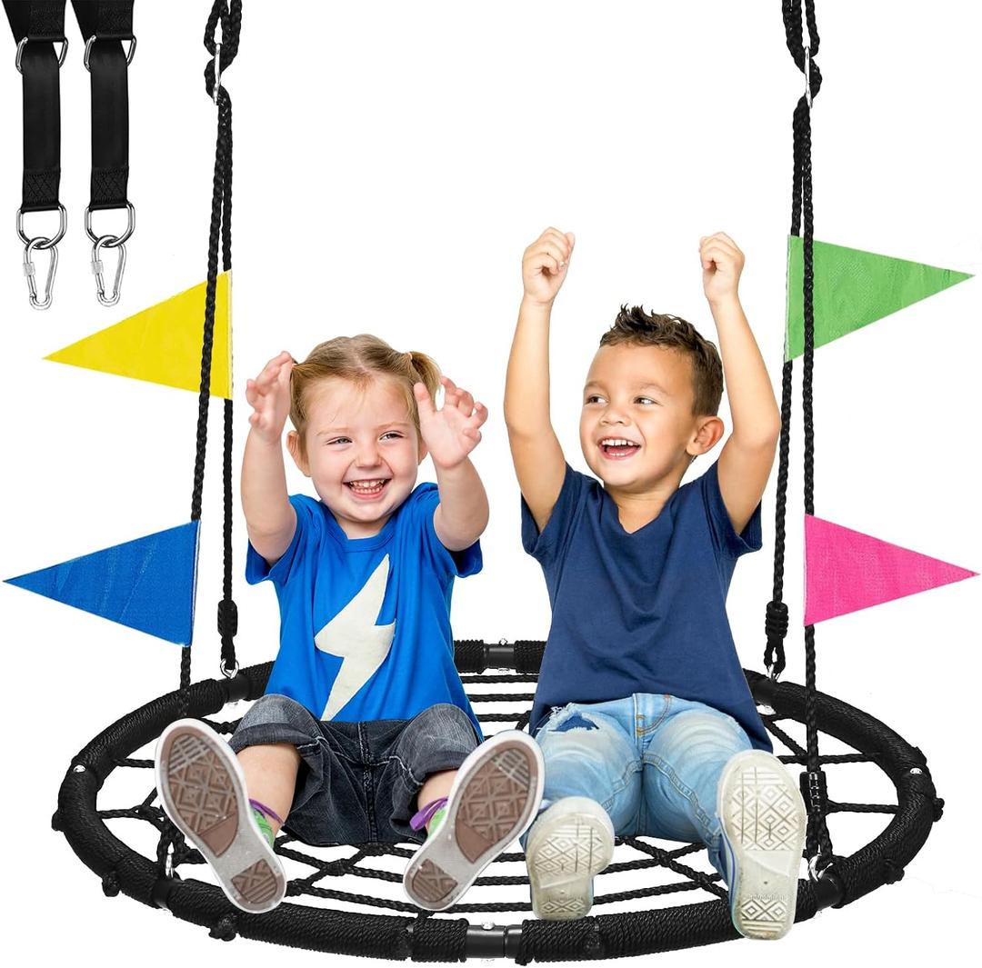 Spider Web Tree Swing, 40 inch Outdoor Saucer Net Swing, with Tree Hanging Straps, 800lbs Weight Capacity, for Backyard and Playground, Gifts for Kids, Black