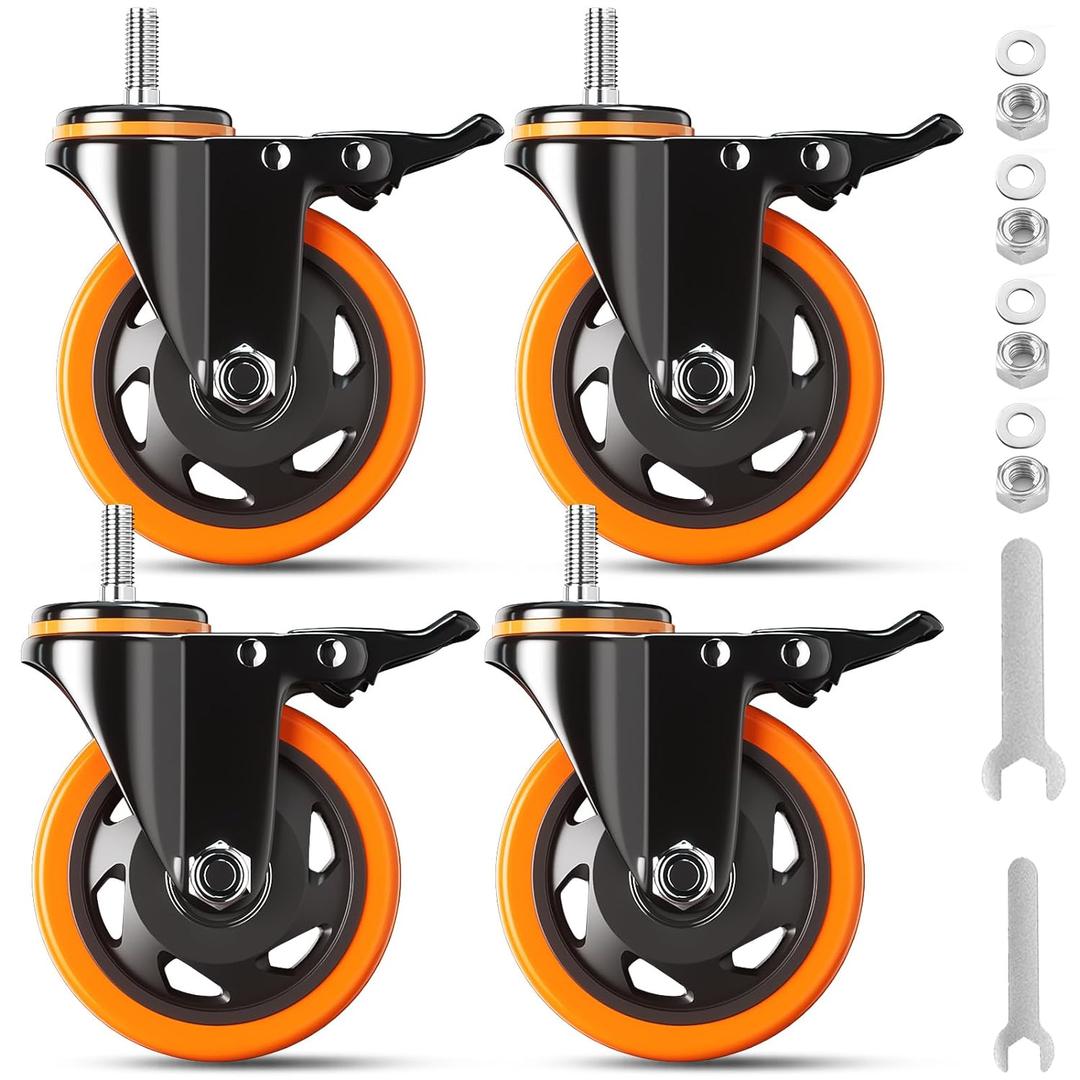 4 Inch Caster Wheels 2000Lbs, Threaded Stem Casters Set of 4 Heavy Duty, 1/2"-13 x 1 (Screw Diameter 1/2", Stem Length 1"), Safety Dual Locking Industrial Castors, Wheels for Cart, Furniture