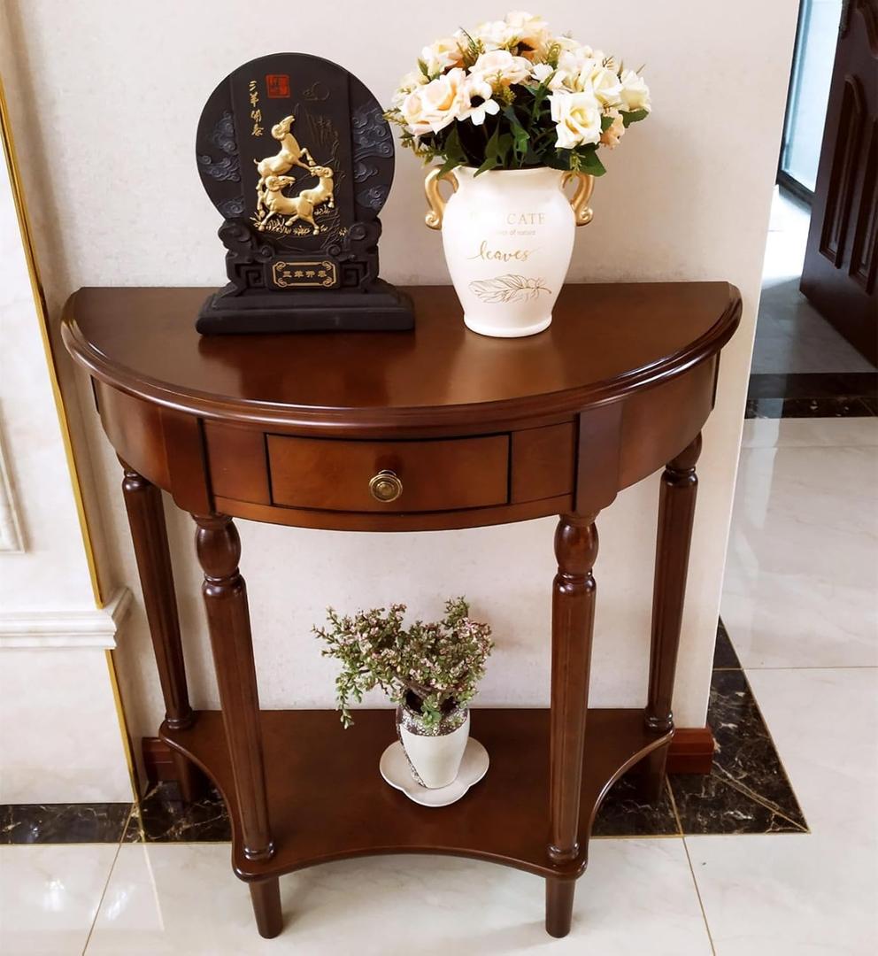 Solid Wood Console Table with Drawer, Semi-Circle Entryway Storage Shelf, Half-Moon Porch Table Side Elegant Vintage Sofa for Living Room (Walnut-Colored (23.6" L x 11.8" W x 31.5" H))
