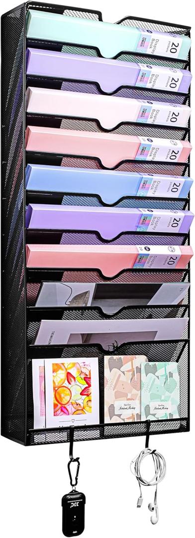 Hanging Files Wall Mounted Metal Mesh Document File Organizer Magazine Holder Rack Organizer Racks Multipurpose Use To Display Files, Magazine (11 section racks with hooks)