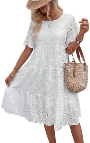 Chouyatou Women's Lace Eyelet Short Sleeve Tiered Midi Long Dress Ruffle Hem Babydoll Short Dress, XL