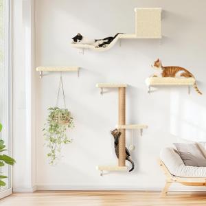 FUKUMARU Cat Wall Shelves, Stable & Safe 5 in 1 Cat Walls Furniture Set, Wooden Kitten Climbing Wall with Scratching Post for 16 Inch Drywall - Beige