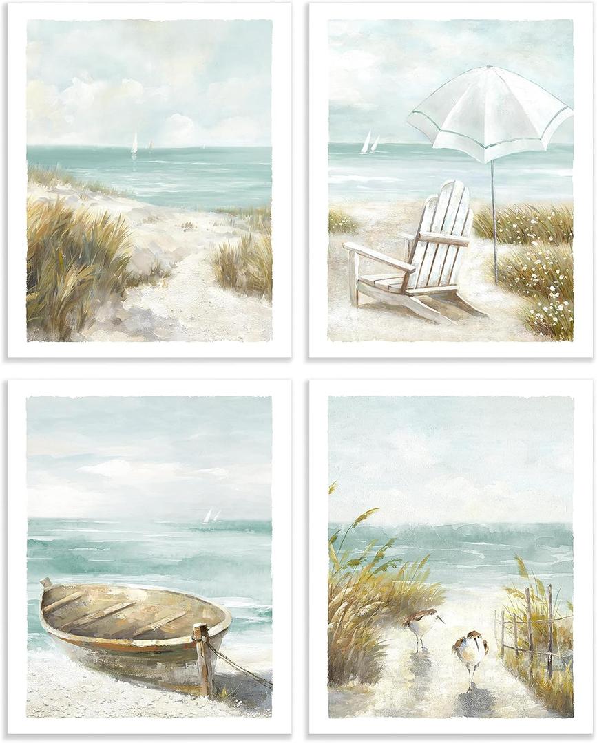 Color Play Coastal Wall Art Beach Prints: Unframed Ocean Seascape Picture Boat Seagull Grass Chair Umbrella Artwork for Home Decor, Set of 4