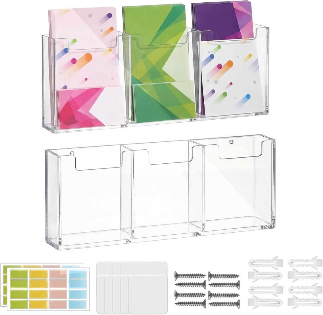 2 Pcs Acrylic Brochure Holder 8.7 x 10.2 Inches Three Slot Wall Mount Plastic Pamphlet Stand Transparent Hanging Flyer Display Holder for Bookmark, Magazine, Booklet