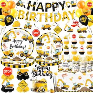 Construction Birthday Decorations,245PCS Construction Birthday Party Supplies-Includes Plates Napkins Cups Banner Balloons Tablecloth and Cake Toppers for Kids TruckTheme Celebration Tableware