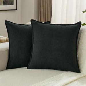 FUTEI Black Chenille Throw Pillow Covers 24x24 Inch Set of 2,Edges Double-Stitched European Cushion Cases,Modern Home Decor for Couch Living Room