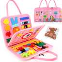 Guolely Busy Board Montessori Toy for 1 2 3 4 Year Old Toddlers - Educational Activity Developing Sensory Board for Basic Dress Fine Motor Skills - Travel Toys for Plane Car, Gift for Boys Girls (Pink)