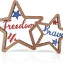 COCHIE 4th of July Decorations Patriotic Memorial Day Wooden Star Tiered Tray Decor, Freedom Sign, Brave Sign, Fourth of July Red Blue and White Decoration for Home Office Table Shelf (Siamese Stars)