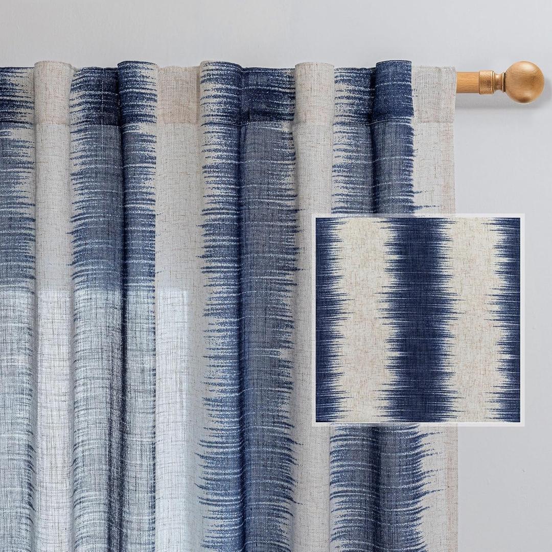 MYSKY HOME Curtains 84 Inches Long 2 Panel Sets for Living Room Bedroom Semi Sheer Curtains Farmhouse Style Drapes for Dining Room Soft Touch Classic Lines Modern Design, 50" Wide, Navy Blue, 2 PCs