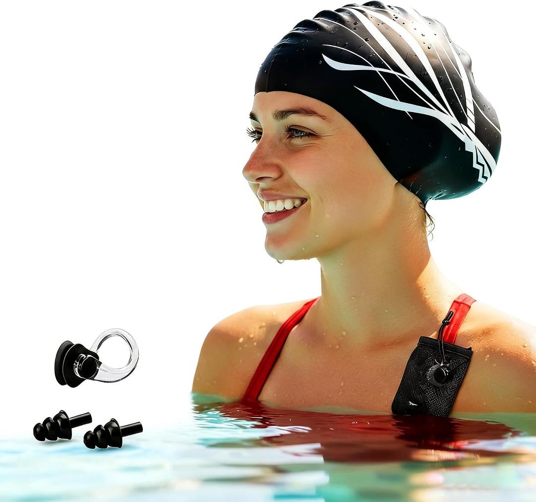 Extra Large Black Silicone Swim Cap for Long Hair - Odor-Free with 3D Ear Protection, Non-Slip Ultimate Fit for Women & Men Adults