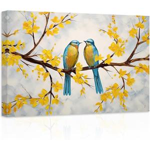 ZXHYWYM Love Birds Canvas Wall Art Two Couple Birds on Branch Yellow Flower Tree Painting Prints Romantic Pictures Home Decor for Bedroom Framed(1, (24.00" x 36.00")), 24L" x 36W"