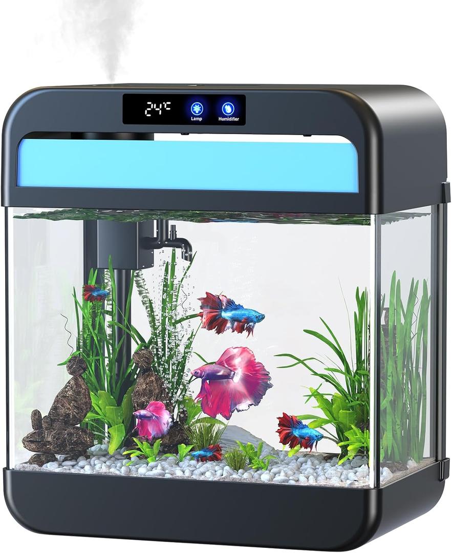 Fish Tank 2.2 Gallon Fish Bowl with Humidifier 7 Color Auto-Looping Light 3 in 1 Quiet Pump with Filteration & Oxygenation & Circulation, Temperature Display, HD Float Glass, Thickened Base (Smart-Black)