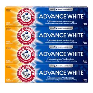 ARM & HAMMER Advance White Toothpaste, Teeth Whitening Baking Soda Toothpaste with Stain Defense Technology and Fluoride, Clean Mint Flavor, 6.0 Oz (4 Pack), Expiry: 09-2027