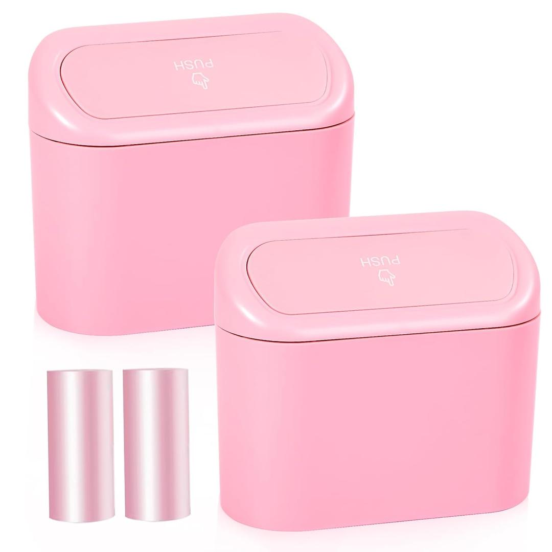 NBTEPEM Pink Car Trash Can with Lid - 2 Pack, Mini Auto Garbage Can with 60 Trash Bags, Leakproof Automotive Garbage Container Bin, Multipurpose Organizers and Storage for Car, Home, Office (Pink)