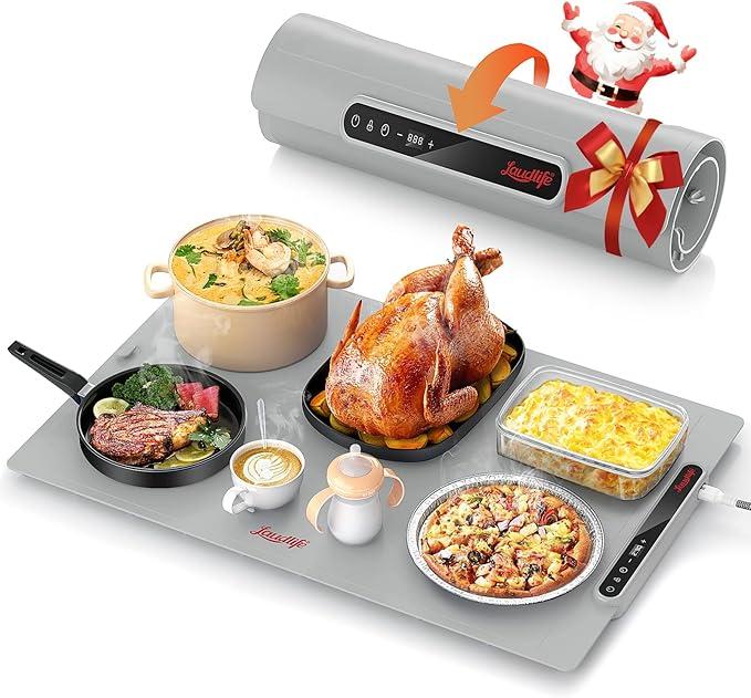 Laudlife Electric Warming Mat for Food, RollUp Silicone Heating Pad with 7 Adjustable Tempmaster Levels, Foldable Warming Tray for Countertop,Buffet Party, Kitchen & Home Daily Use, Child Lock, Gray