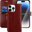 MONASAY Wallet Case Compatible for iPhone 14 Pro Max 5G, 6.7-inch, [Glass Screen Protector Included] [RFID Blocking] Flip Folio Leather Cell Phone Cover with Credit Card Holder, Burgundy