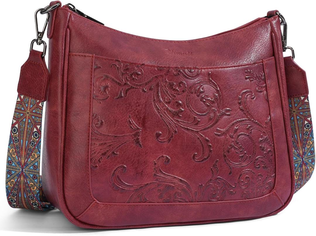 Crossbody Bags for Women,Vegan Leather Crossbody Purse with Adjustable Strap Embossed Flower Women's Shoulder Handbags (08-red)