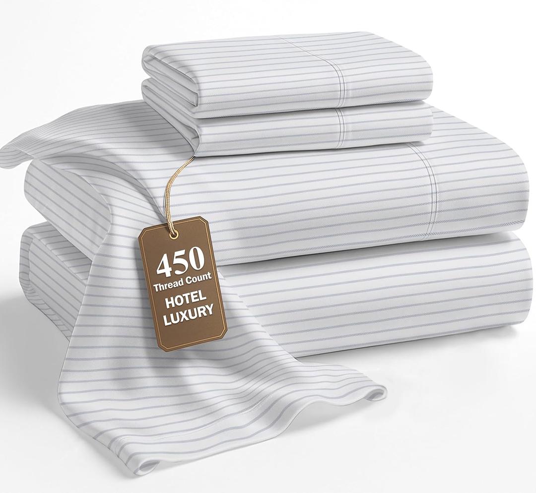 LANE LINEN 100% Cotton Sheets Queen Size – 450 Thread Count Ultra Soft Sheet Set, Durable Bedding for Daily Use, Luxury Sateen Finish, Snug Fit 15" Deep Pocket Fitted Sheet – Tickling Stripe