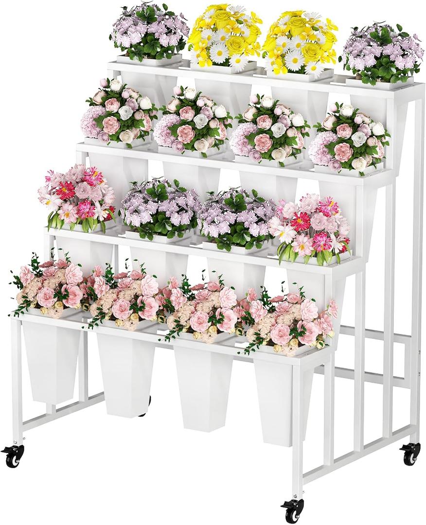 Flower Display Stand with 16 Buckets, 4 Layers Flower Bar, White Metal Plant Stand with Wheels, Heavy Duty Flower Cart for Indoor Outdoor Patio Garden Wedding Florist, White Metal Frame