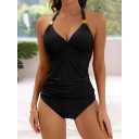 Two Piece Tankini Swimsuits for Women Ribbed Drawstring Tankini Top with Bottom Tummy Control Bathing Suit (Large, Black)
