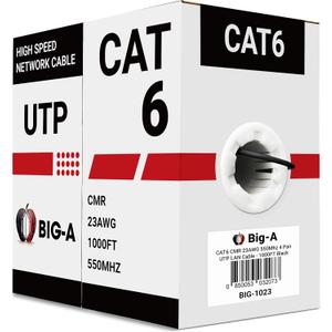 Big-A - Bulk Cat6 Cable 1000ft 23AWG Solid 4 Pair, Cat 6 Ethernet Cable Unshielded Twisted Pair (UTP), (CMR) 550MHz Internet Cable, Pull Box - Black