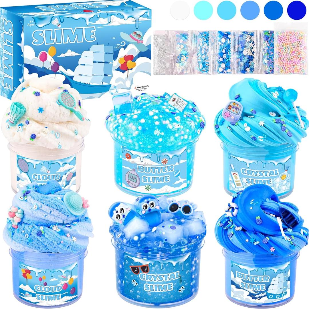 6 Pack Slimes Kit, Blue Slime Kids, Cloud Butter & Clear Slime, Party Favors, Toys for Girls Boys Ages 8-12, Goodie Bag Stuffers, Birthday Gift Ideas Cute Stuff