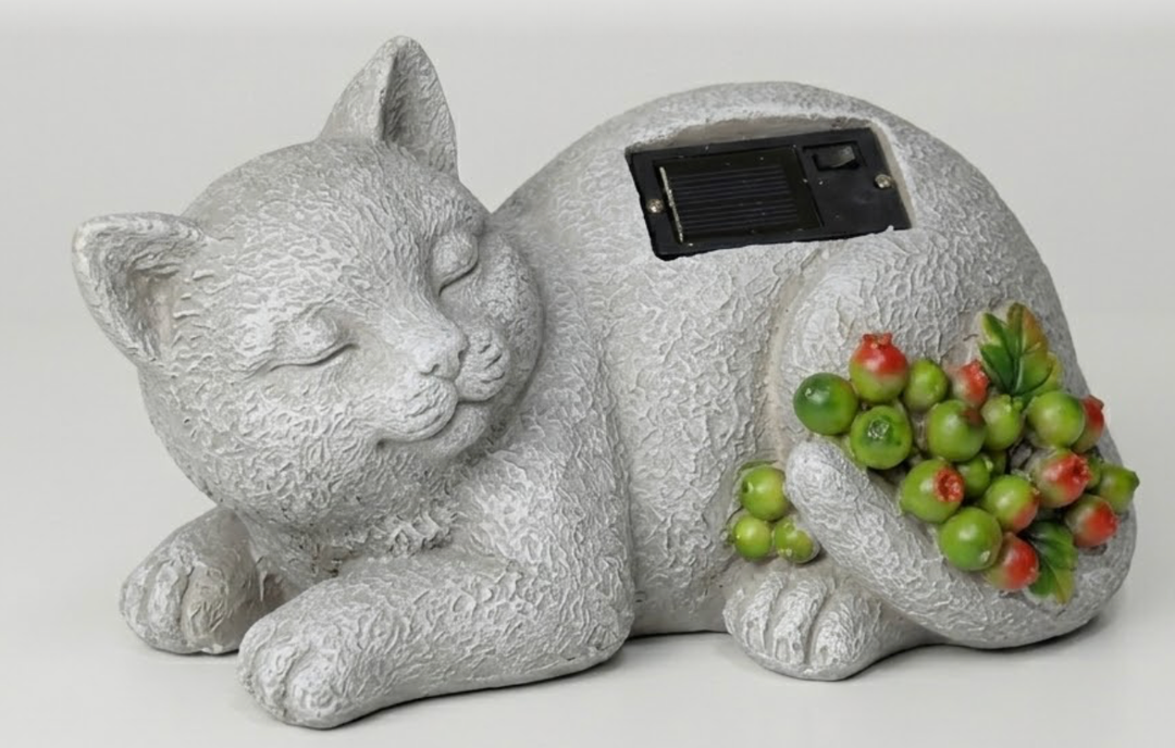 Solar-Powered Sleeping Cat Garden Statue with Faux Berries