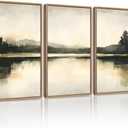 KUVIOKE Watercolor Abstract Mountain Lake Framed Wall Art Brown Landscape Nature Wilderness Painting Nordic Neutral Tan Illustration Decorative Home Decor 16x24in (Natural Framed)
