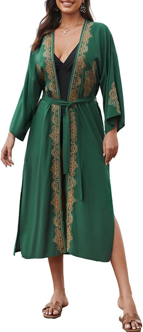 Eddoyee Beach Kimono Cardigans for Women Long Sleeve Bikini Cover Up V-Neck Bathing Suit Cover Up, (One Size)