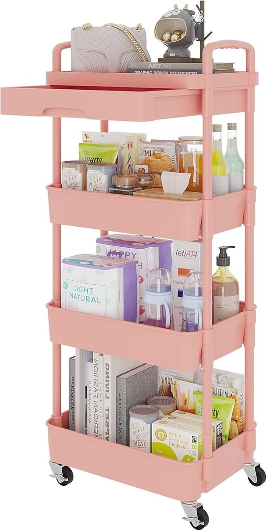Calmootey 4-Tier Rolling Utility Cart with Drawer, Multifunctional Storage Organizer with Plastic Shelf & Metal Wheel, Storage Cart for Kitchen, Bathroom, Living Room, Office, Pink