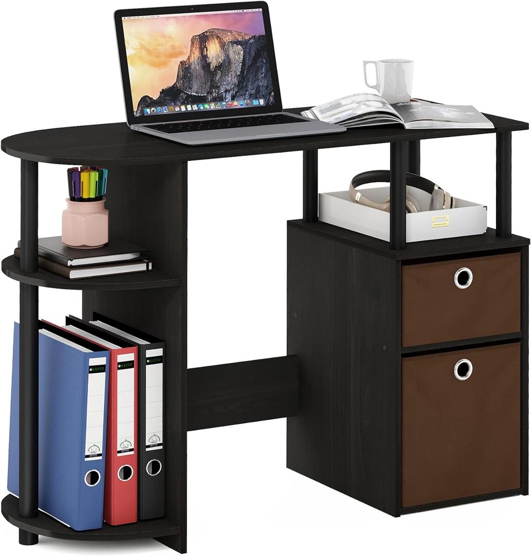 Furinno JAYA Desk, 38.4" Wide Gaming Desk with Bin Drawers, Computer Desk with Side Shelf, Office Desk for Study, Home Office, Bedroom, Dorm, Study Room, Espresso, 38"w With Storage Bin