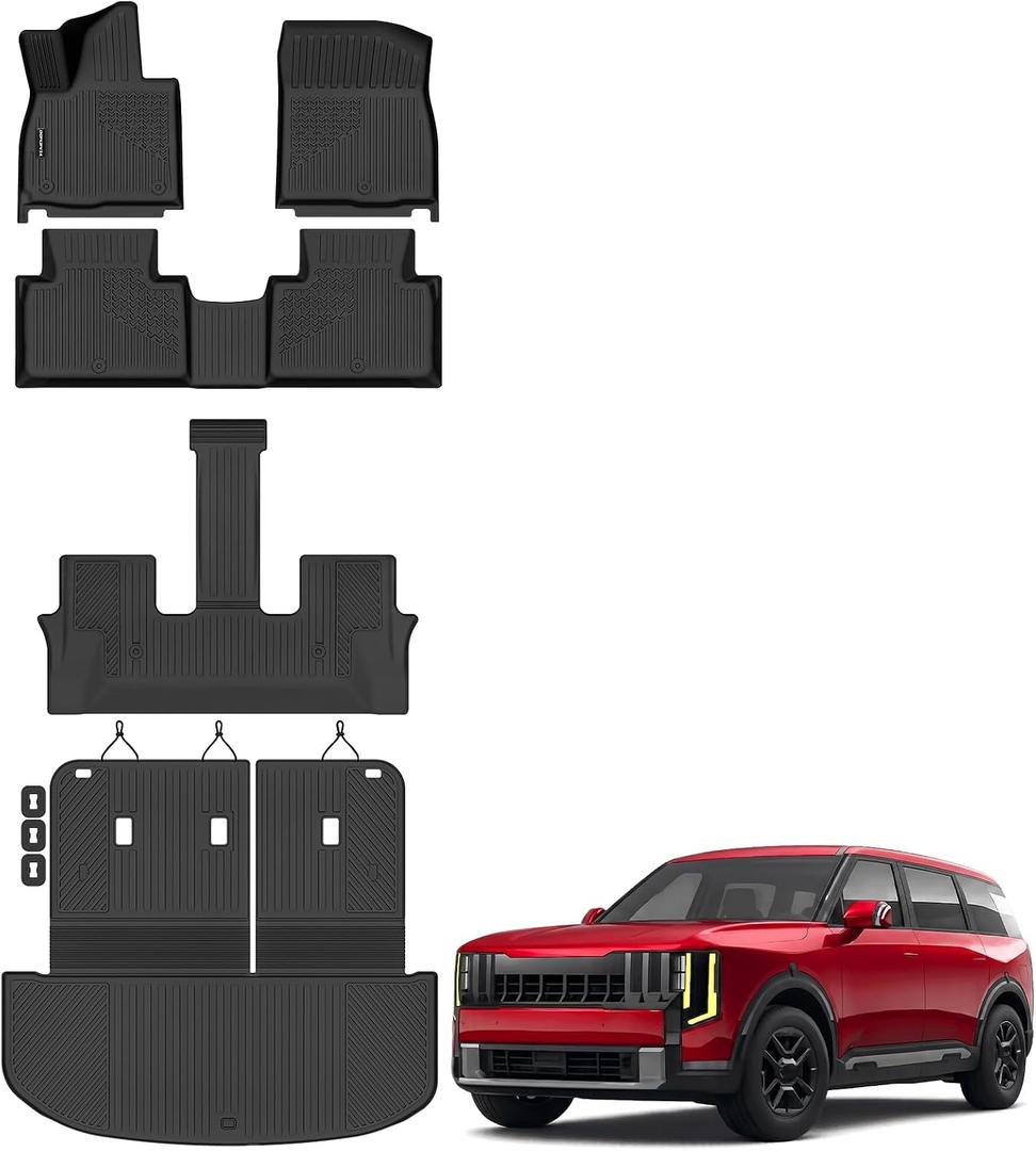 Floor Mats for 2027 Kia Telluride Gas 7/8 Seats (Not Fit Hybrid) Upgrade Trunk Mat with Backrest Mat All Weather TPE Floor Liners Fit for Kia Telluride Odorless Anti-Slip Full Set Car Accessories