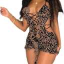 Molilove Womens Cheetah Print Romper Mesh Sexy Sleeveless Bodycon Shorts Leopard Romper Hollow Out Y2K One Piece Outfits (Large, Khaki)