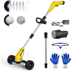 Aokia Weed Wacker Cordless for Lawn: Grass Mower with Roller - 2.0Ah Battery Powered for Hedge Clearance Yard Cutting Tree - String Trimmers for Garden Cutter Handyman Landscaper (Yellow)