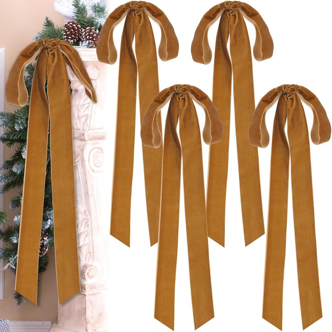 Joottuan 4 Pcs Velvet Christmas Bows, 23.5 x 8.7 Inches, Rustic Classic Style, Khaki Color, Velvet Material, Christmas Occasion, Holiday & General Decoration