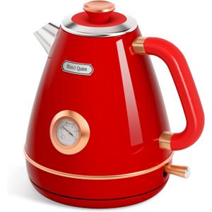 Hazel Quinn Retro Electric Kettle - 1.7 Liters / 57.5 Ounces Tea Kettle with Thermometer, All Stainless Steel, Fast Boiling 1200 W, BPA-free, Cordless, Rotational Base, Automatic Shut Off - Ruby Red