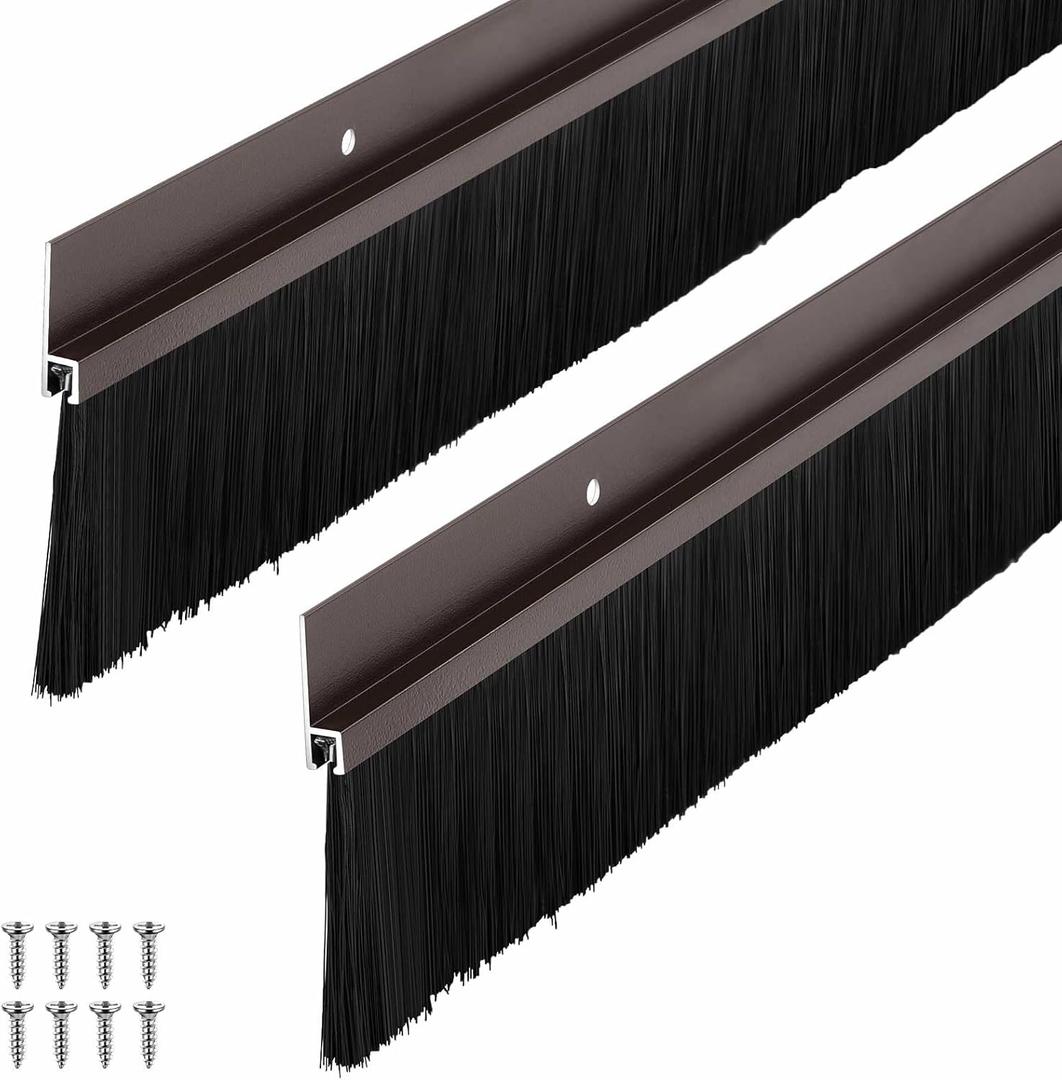 Frienda 2 Set Door Brush Bottom Sweep Brush Weather Stripping Aluminum Door Seal with Screws for Gaps up to 1 Inch, for Home, Commercial Gate, Fill Gaps Dust, Debris (1 x 36 Inch,Brown)