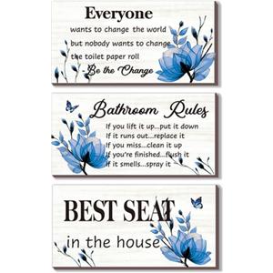 DONFENTHY 3-Piece Blue Bathroom Decor: Bathroom Rules Wall Art - Blue Flower Signs - 'Best Seat in The House' Rustic Farmhouse Wooden Sign (10x5 Inch)