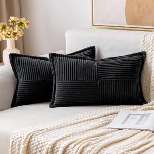 MIULEE Boho Decorative Pillow Covers for Couch Bed Sofa Farmhouse Home Decor 12x20 inch Set of 2 Black Throw Pillow Broadside Soft Corduroy Pillowcase with Splicing Cushion Livingroom